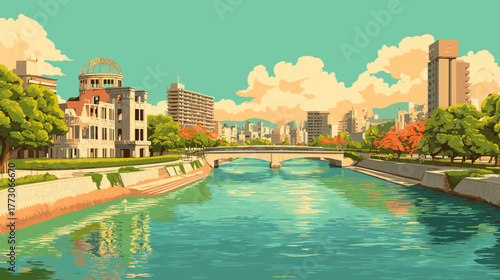 Cityscape of hiroshima, city of Japan, attractive touristic advertisement poster, beautiful touristic must-see destination. Beautiful tourist destination in Asia. Genbaku dome monument after the atomi