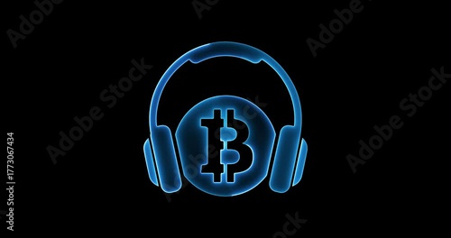 Blue Bitcoin Logo with Headphones on Black Background cryptocurrency digital currency