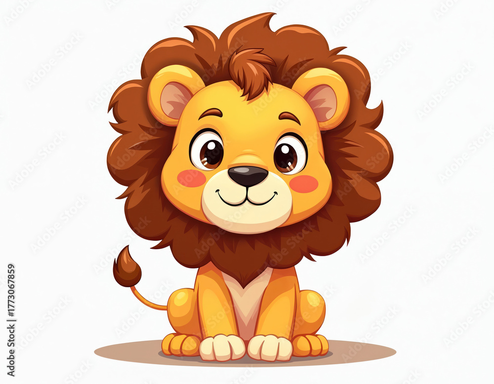 Obraz premium Cute cartoon lion character sits with friendly smile, looking happy. Young animal fluffy brown mane, big eyes, rosy cheeks. Mascot for kids content, educational materials, jungle themes, fun games,