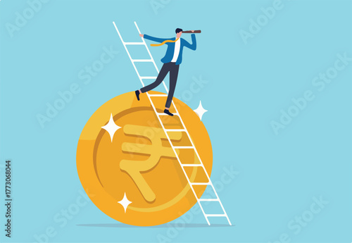 India economic or financial vision, investment and stock market forecast or business profit concept, smart businessman leader climb up ladder on Indian rupee money coin with telescope look for vision.