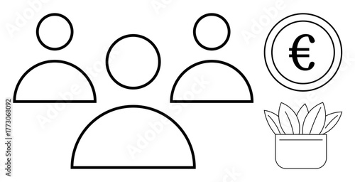 Abstract figures representing teamwork, a Euro coin for finance, and a potted plant symbolizing growth and sustainability. Ideal for business, teamwork, finance, collaboration, success, economy