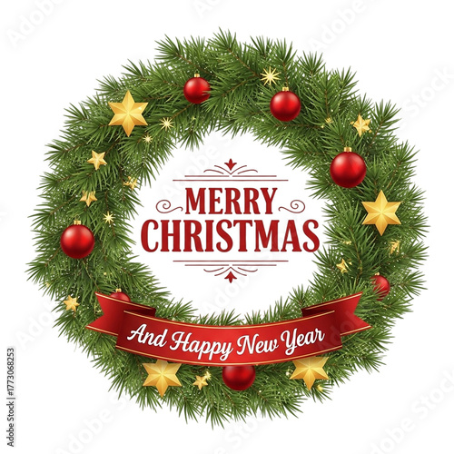 Christmas wreath with baubles, stars, and holiday greeting. Festive seasonal decoration