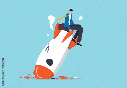 Fail start up business, new business risk or unexpected entrepreneur bankruptcy concept, depressed businessman company owner sitting on crash launching space rocket metaphor of new business failure. 