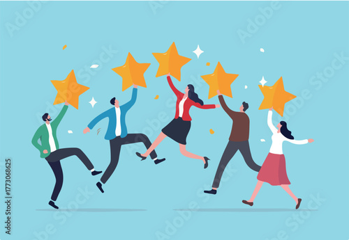 Customer experience, best score rating, client feedback or consumer review, 5 stars rating, like or positive survey, customer satisfaction concept, happy young adult customer holding 5 stars rating.