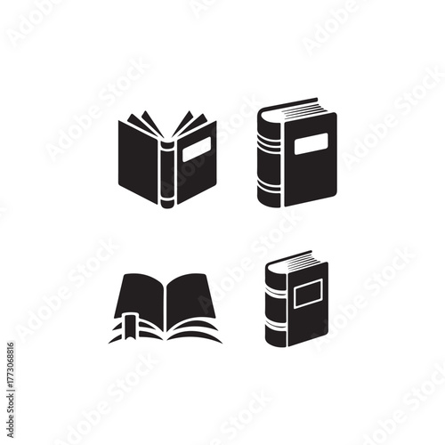 Four black books displayed in various open and closed states silhouette