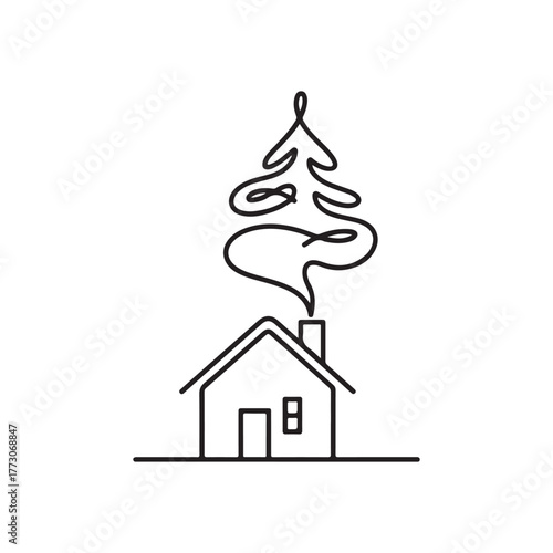 Simple line art of a house with a tree minimalist silhouette