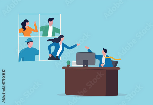 Hybrid work employee choice to remote work from home or come to office, flexible workplace for productivity concept, businessman sitting in office talk in conference call with people work from home.