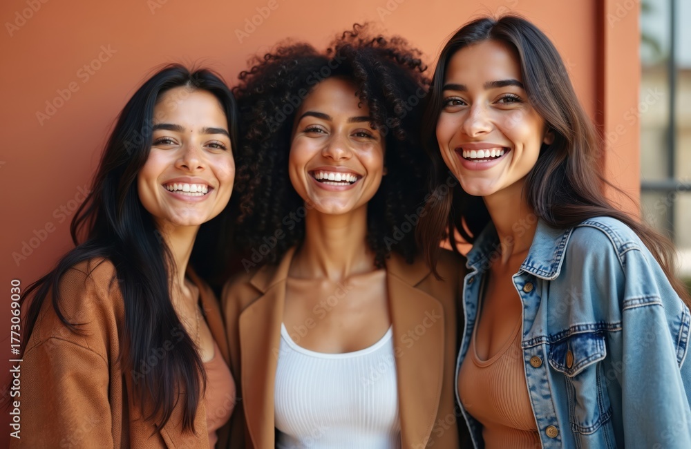 Fototapeta premium Three diverse young women smile warmly at camera, showing genuine happiness. Standing close together outdoors, exuding friendship, positive vibes. Radiant smiles suggest joy, connection.