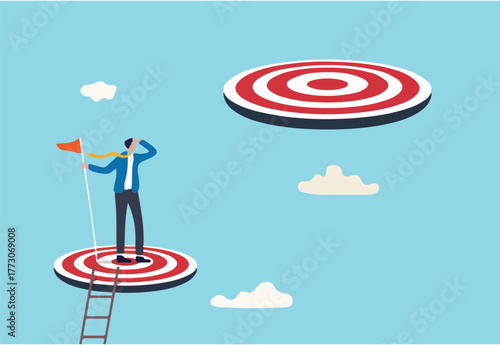 Challenge achievement or higher target, the way forward or next level, bigger business goal or aspiration concept, success businessman climb up ladder reaching goal and looking for next bigger step.
