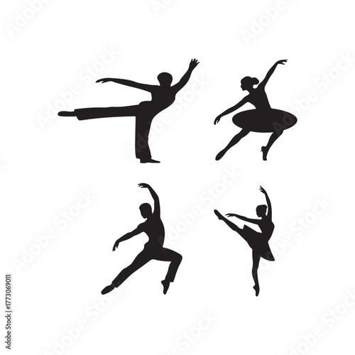 Four black silhouettes of dancers in dynamic and expressive poses silhouette