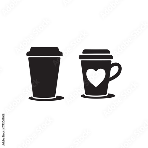 Two coffee cups one with a heart presented in black silhouette