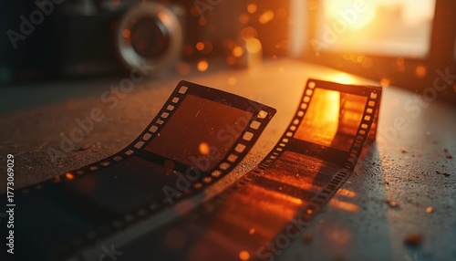Vintage film strip with light leaks, dust particles sits on textured surface. Warm sunlight illuminates analog celluloid film reel, creating nostalgic atmosphere. Vintage camera visible in blurred