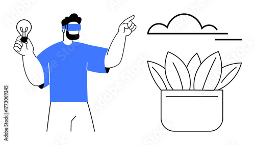 Man wearing VR headset pointing forward and holding lightbulb symbolizing innovation beside potted plant and cloud. Ideal for technology, creativity, future, environment, ideas, sustainability