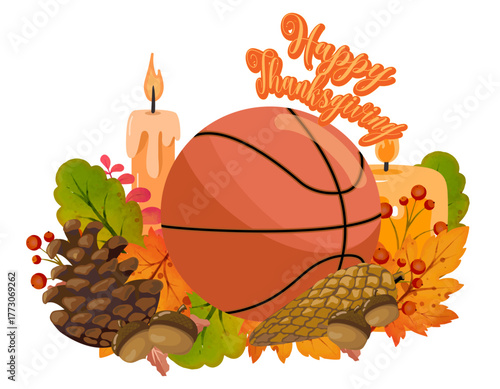 Celebrate Thanksgiving with basketball, pumpkins, leaves, and a cozy drink. A warm seasonal design for sports lovers.