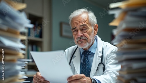 Elderly doctor reviews patient chart amid piles of paperwork in his office. Physician looks tired, stressed, working late hours. Experienced medical pro faces bureaucracy challenges.