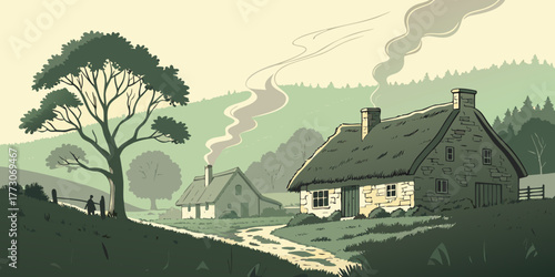 A picturesque cottage in a rural landscape with a village visible under a bright sky, surrounded by a dense forest and green