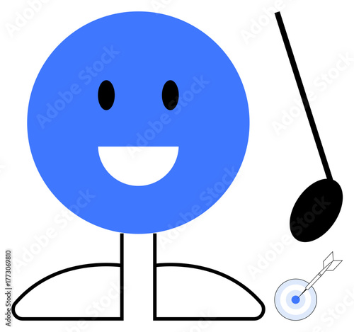 Blue circular happy face figure with minimalist legs balancing black music note near arrow hitting target. Ideal for creativity, goals, balance, focus, happiness, music, achievement. Simple flat