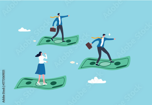 Cash flow, investment direction or financial trend, profit or earning from business, income or salary, stock market investing, wealth expert concept, business people riding flying money banknotes.