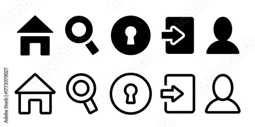 Website icons. Home, magnifier, user, personal account, keyhole. Vector icon set isolated on white background.