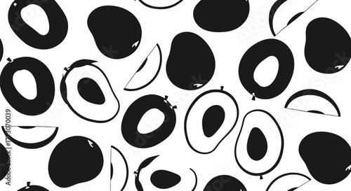 A seamless pattern of black avocado illustrations, whole and halved, on a white background.