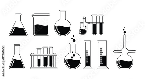 A collection of laboratory glassware with various liquids, representing science and chemistry experiments.