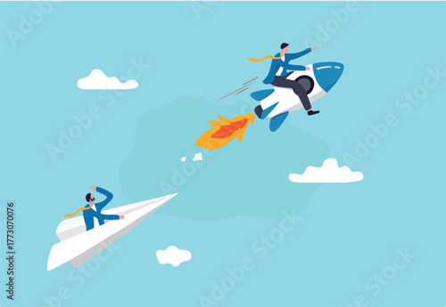 Leadership to win business competition, winner or competitive advantage to success in work, innovation and motivation concept, businessman riding fast rocket to win against other origami airplane.