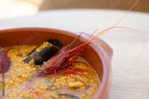 Seafood paella with carabinero prawn and mussels