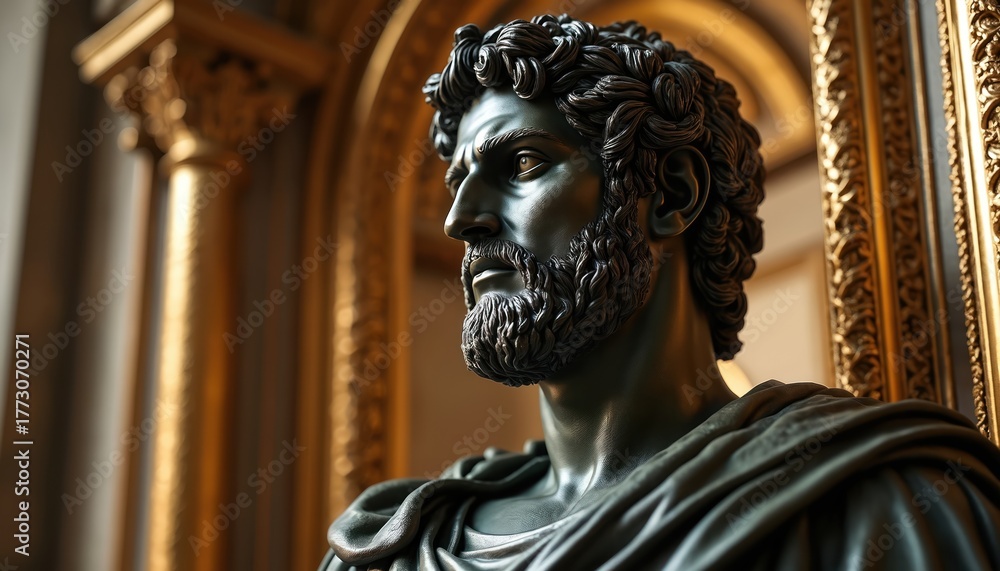Obraz premium Ancient dark statue of bearded man. Classical bust shows dignified figure with curly hair, draped clothing. Stands in museum gallery with golden ornate details. Artwork represents leadership,