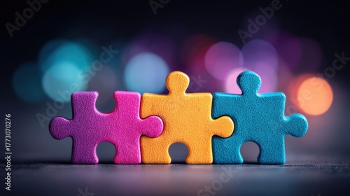 Three colorful puzzle pieces connected together against a blurred background.