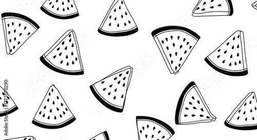 A seamless pattern of hand-drawn black and white watermelon slices on a white background.