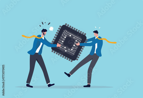 Semiconductor and computer chip supply chain shortage due to Coronavirus COVID-19 pandemic, electronics manufacturing problem concept, businessman tug of war fighting to get computer chip.