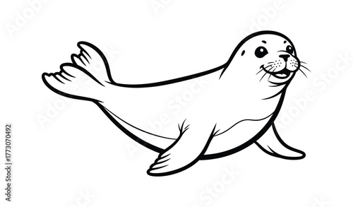 A happy cartoon seal swims with its flippers outstretched and tail fin splayed, enjoying its underwater environment.
