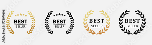 Best seller award badges in gold, black showcasing top-rated achievements in publications. Set best choice. Vector