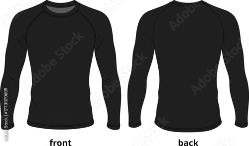 Black long sleeve athletic shirt front and back view, raglan sleeves, fitted performance fabric, sportswear template, garment mockup, unisex activewear