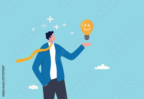 Positive thinking, optimistic mindset or good attitude to success in work, always get idea to solve any problems concept, happy businessman holding smiling lightbulb idea with positive vibes around.