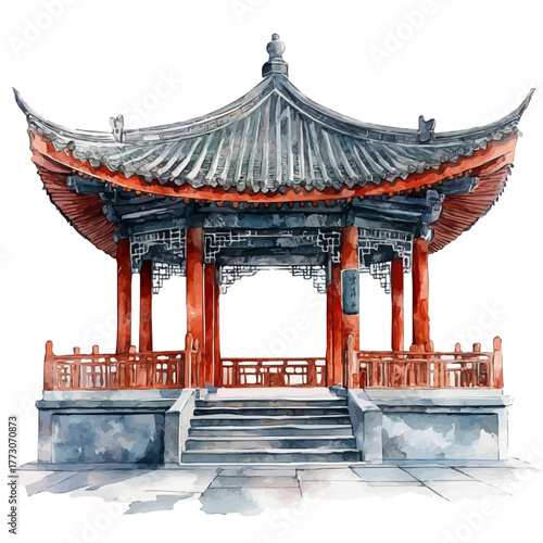 watercolor of Shaolin Monastery, vector, isolated on a white background.