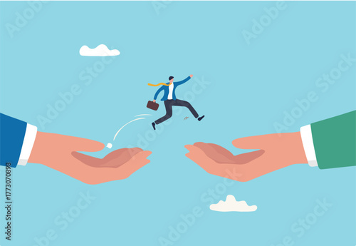 Change job or career, escape from toxic office, determination and courage to change to better place, improvement or progression concept, confidence businessman jumping from giant hand to new place.