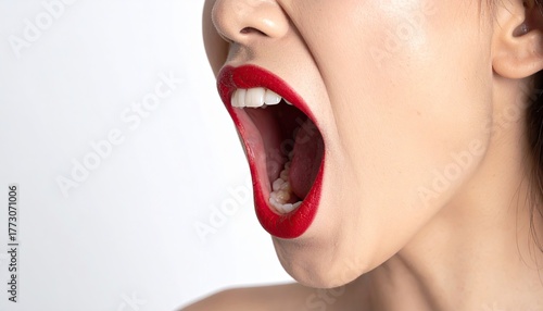 Portrait of a young woman screaming on a white background