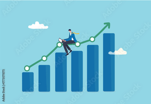 Work improvement, increase performance or growing business, make profit or earn more income, efficiency or productivity concept, businessman working with laptop on improvement data chart and graph.