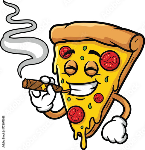  Cartoon pizza slice smoking cigar, anthropomorphic food illustration, cheesy pepperoni vector, funny snack character, relaxed expression, humorous food art