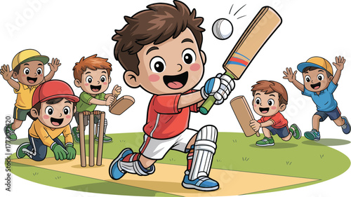 Children playing cricket outdoors, cartoon kids sports activity, fun teamwork, colorful field match, energetic youth game, summer recreation scene