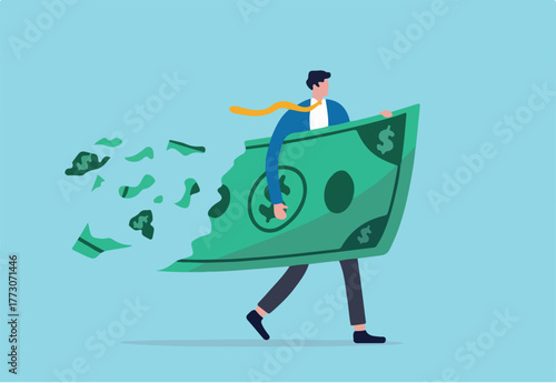Lose money investment in financial crisis, profit and loss in business or deflation and inflation concept, businessman holding big dollar banknote money while loss, crumble and reduce in value.