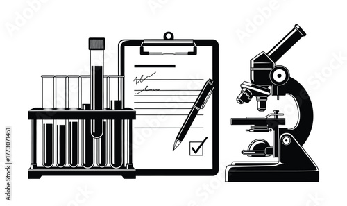 A clipboard with a pen and checkmark lies next to a microscope and a rack of test tubes.