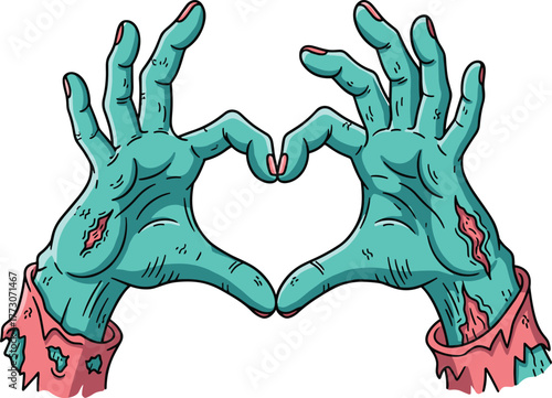 Zombie hands heart shape, cartoon undead illustration, creepy love concept, horror vector art, Halloween design, spooky romantic gesture drawing