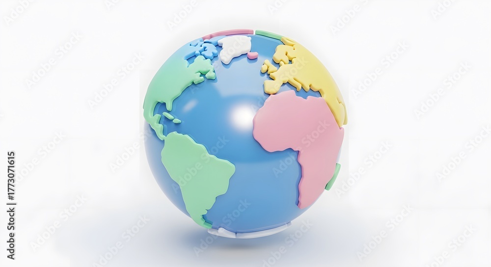 Obraz premium Cartoon Globe Planet Earth Continents Oceans Pastel Colors 3D Render Illustration on White Background Icon Travel Map