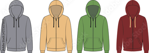 Four, hooded, zip-up, sweatshirts, gray, beige, green, maroon, front, pockets, drawstrings, full, zip, casual, outerwear, unisex, hoodie, fashion, collection, display
