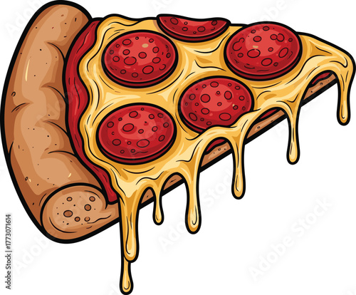 Cartoon pizza slice illustration, melted cheese dripping, pepperoni topping, fast food artwork, delicious snack drawing, cheesy slice vector, tasty meal design