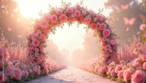Pink floral archway wedding scene in garden with blooming roses. Pathway leads through soft light with butterflies. Romantic bridal ceremony backdrop. Marriage celebration flower decor.