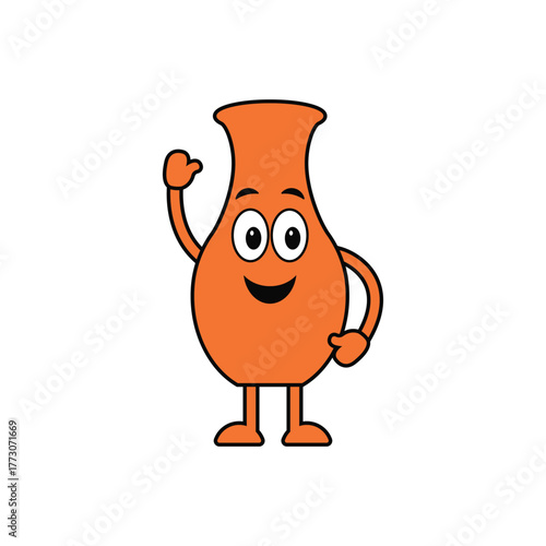 Clay Pitcher Mascot Waving Hand Cute Happy Face Vector Design