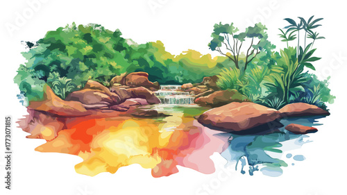 Cano Cristales - Rainbow River. Cano Cristales - Rainbow River hand drawn watercolor illustration